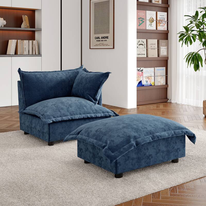 Double Layer Cushion Comfy Cloud Modular Sectional Sofa Set - Corner Sofa+Ottoman-Navy - Right Facing