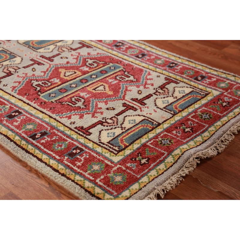 Hand Knotted Oriental 100% Wool Carpet Traditional Geometric Greys & Charcoal Heriz (serapi) Runner Rug - 7' 10'' X 2' 7''