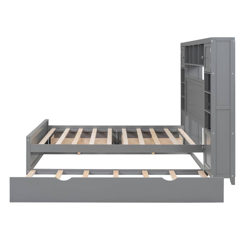Full Size Wooden Bed with Built-in Cabinet, Shelf, and Outlets, Twin Trundle, Gray