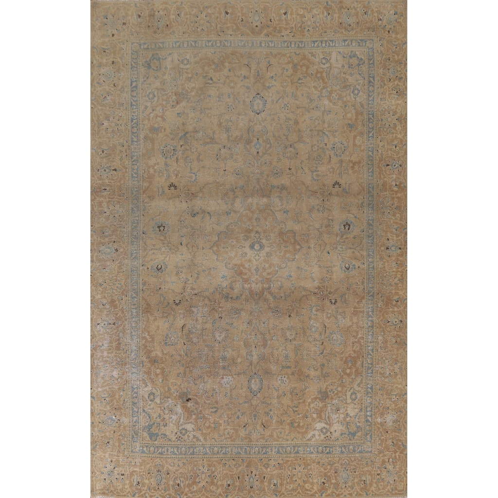 Hand Knotted Oriental 100% Wool Carpet Traditional Floral Beige & Ivories Kashan Area Rug - 10' 9'' X 7' 4''