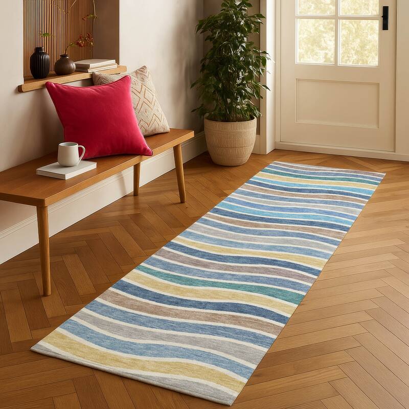 Machine Washable Indoor/ Outdoor Contemporary Stripe Chantille Rug