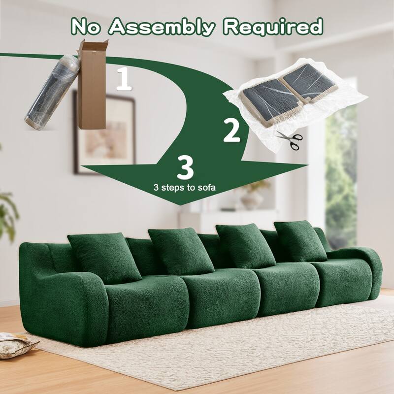 118" Teddy Fabric Boneless Couch, Upholstered 4-Seat Sofa with Curved Armrests, Modular Deep Seat Sofa, No Assembly Required
