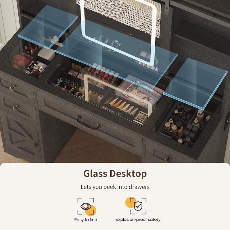 Vanity Desk Barn-Door Sliding Mirror & Power Outlet Glass Top