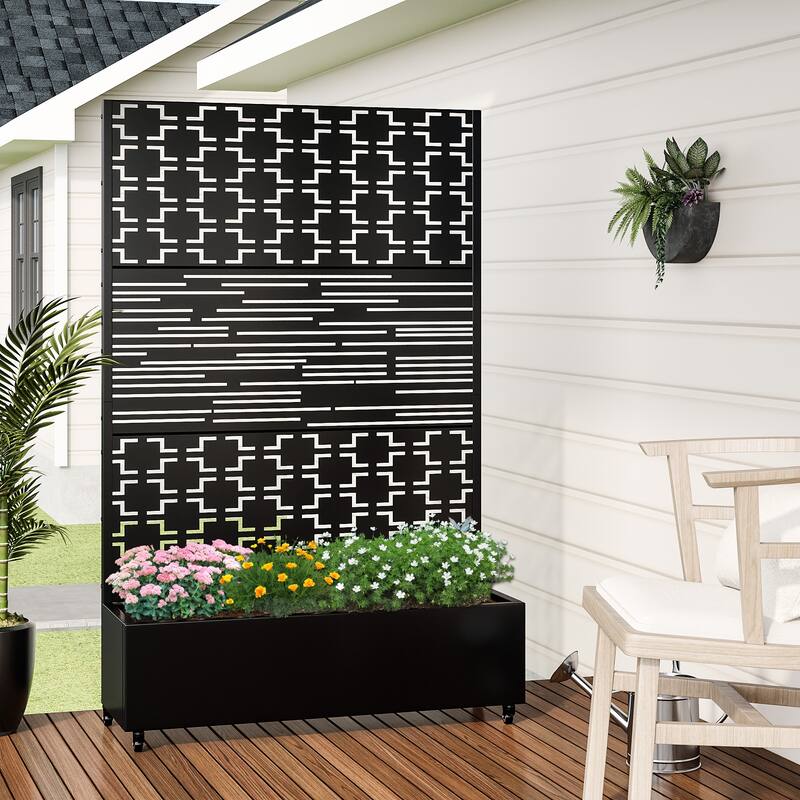 Metal Movable Planter Box with Trellis Privacy Screen Planter Box with Lockable Wheels