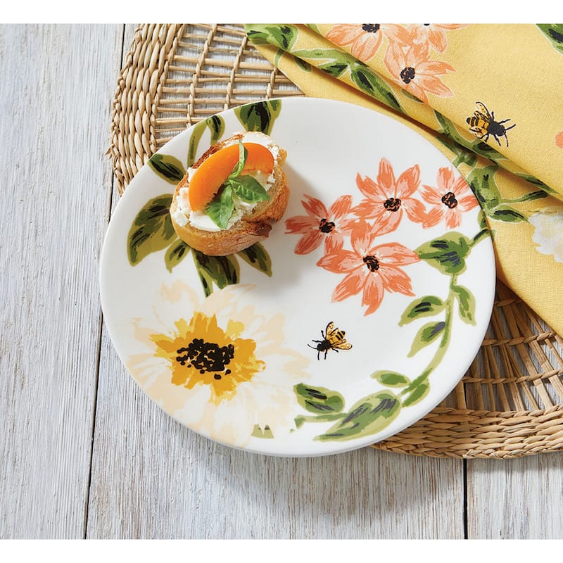 Bee Floral Ceramic Appetizer Plates - Multicolor Dining Dishware, 8" x 8" x 1" - Perfect for Everyday Use