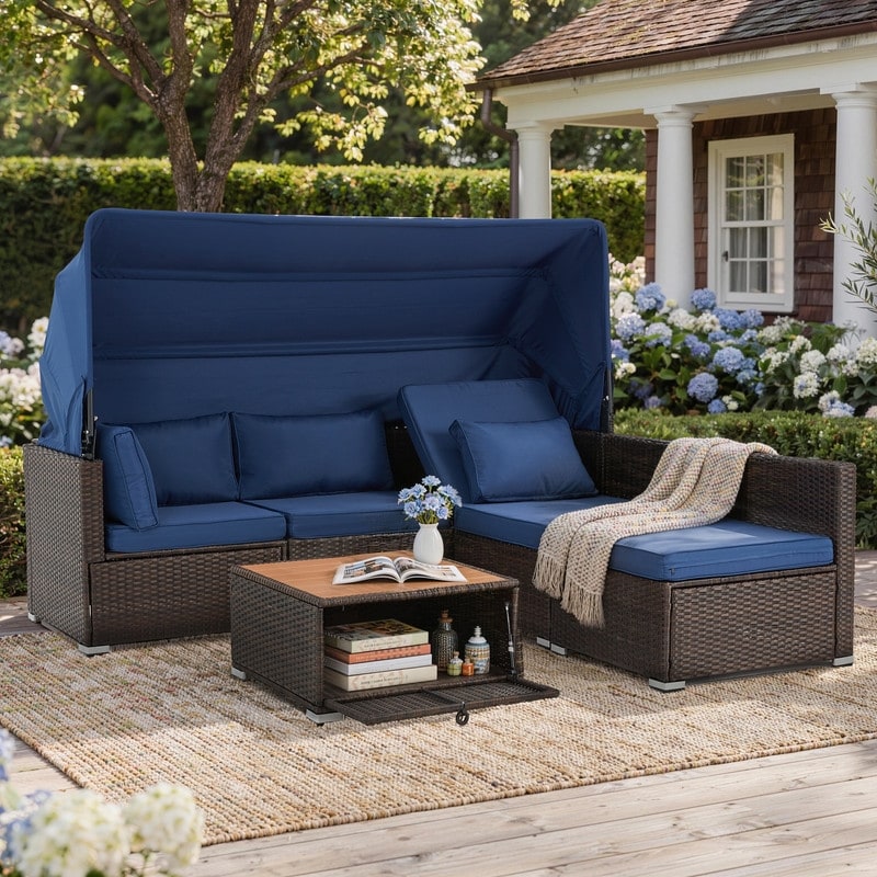 EROMMY 6-Piece Patio Set - Rattan Daybed with Canopy & Adjustable Backrest