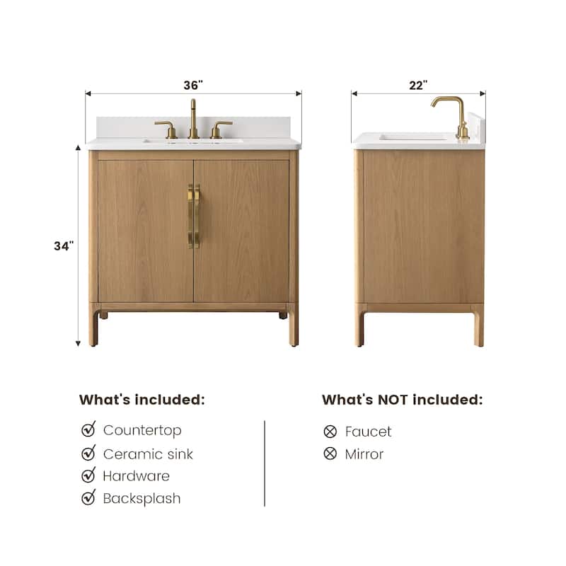 36" Freestanding Bathroom Vanity with Engineered Stone Top, Ceramic Sink, Built-In Power Outlet, and Soft-Close Doors