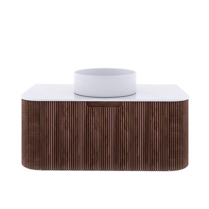 Plywood Wall-Mounted Bathroom Vanity Set with Integrated Ceramic Sink in Natural Wood