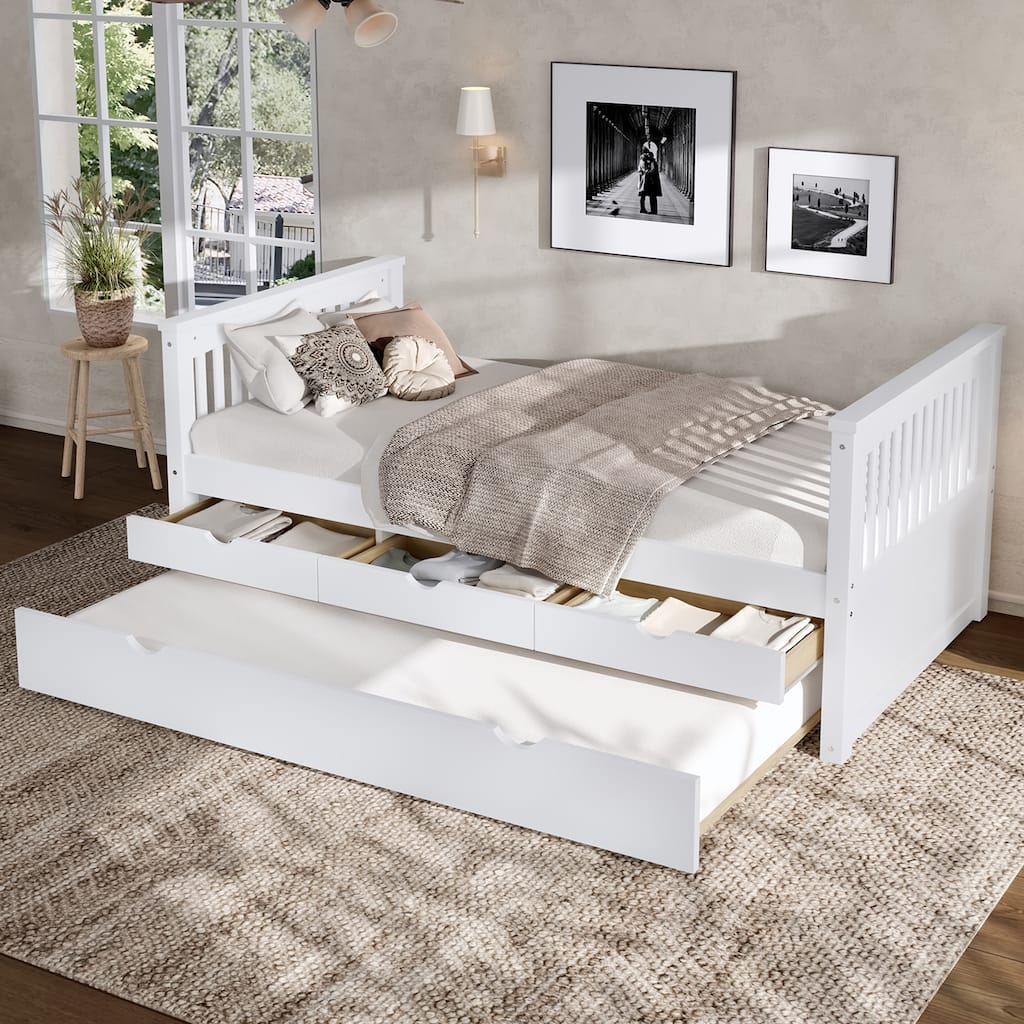 Roomfitters Platform Daybed with Trundle and Drawers, Solid Wood Bed Frame for Guest Rooms