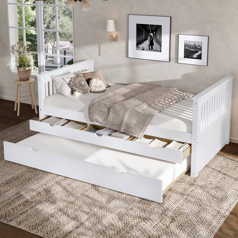Twin Size Wooden Daybed with Trundle Bed and 3 Drawers, Solid Wood Platform Sofa Bed Frame, No Box Spring Needed