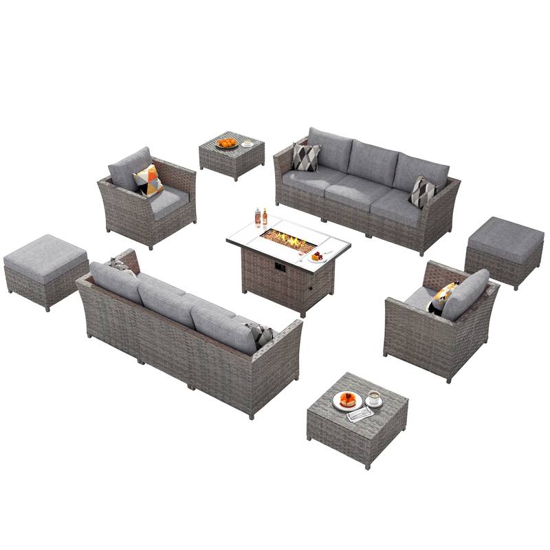 HOOOWOOO 13-piece Grey Wicker Patio Furniture Outdoor Sectional Set with Fire Pit