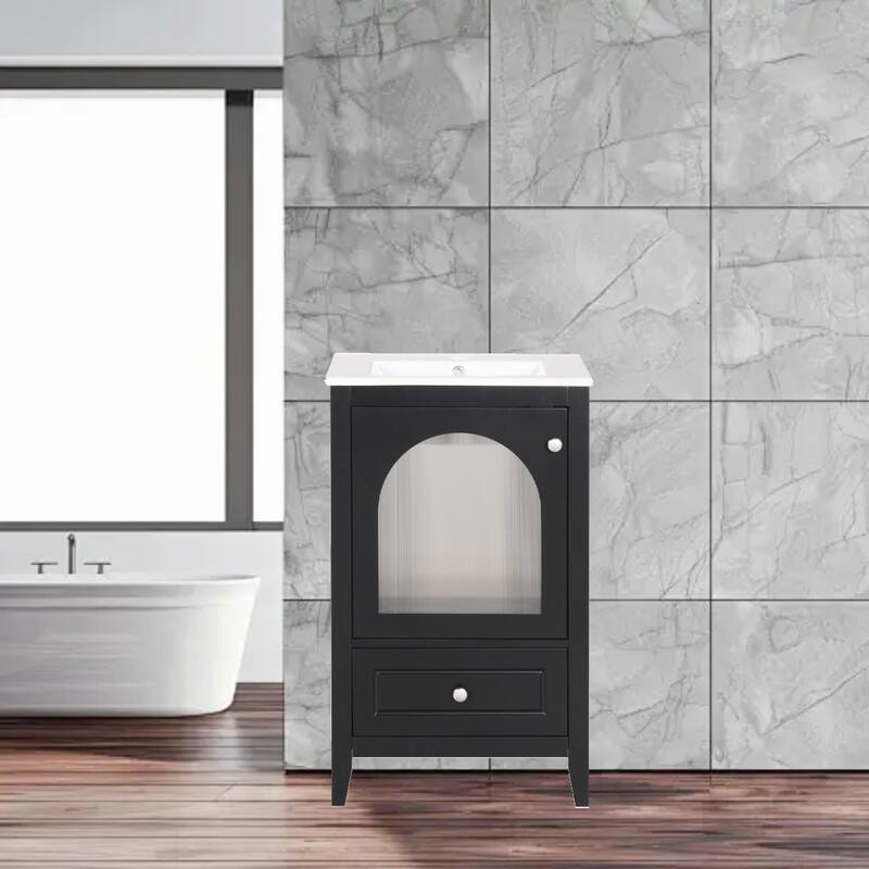 Modern 20" Bathroom Vanity with Ceramic Sink, Glass Door, and Spacious Drawer - Black
