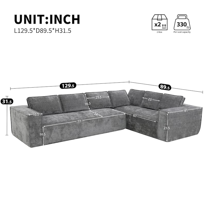 Oversized L-Shaped Modular Sectional Sofa, Wrinkle-Resistant Chenille 6 Seat Cloud Sofa, Full Compression Deep Seat Corner Sofa - Gray