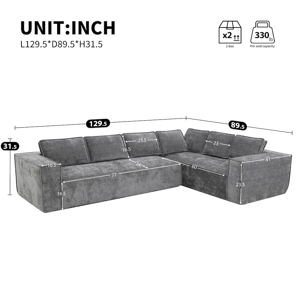 Oversized L-Shaped Modular Sectional Sofa, Wrinkle-Resistant Chenille 6 Seat Cloud Sofa, Full Compression Deep Seat Corner Sofa