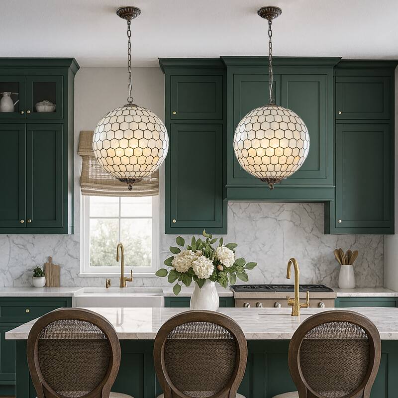 3-Light 18'' Antique Brass French Vintage Cosatal Glam Chandelier with Natural CAPIZ SHELL Globe Lantern Hanging Light - W18'' - W18'' - Antique Brass