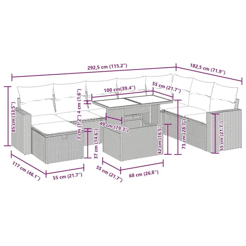 vidaXL Patio Sofa Set with Cushions Outdoor Furniture 9 Piece Poly Rattan - 21.7 x 39.4 x 28.7 in