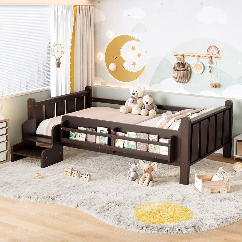 Full/Twin Floor Bed with Storage Bookcases & Cute Stairs - Solid Wood Kids Bed, No Box Spring - Espresso - Twin