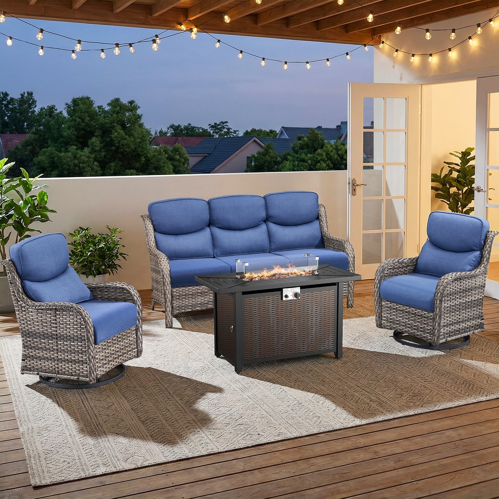 Pocassy Patio Sofa Swivel Chair Set with 43" Fire Pit Table