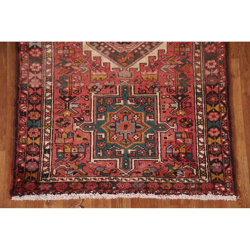 Pink Gharajeh Persian Vintage Runner Rug Handmade Tribal Wool Carpet - 3'2"x 12'9"
