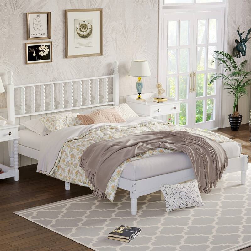 Queen Size Wood Platform Bed with Gourd Shaped Headboard, Retro Style Bed Frame with Wooden Slat Support