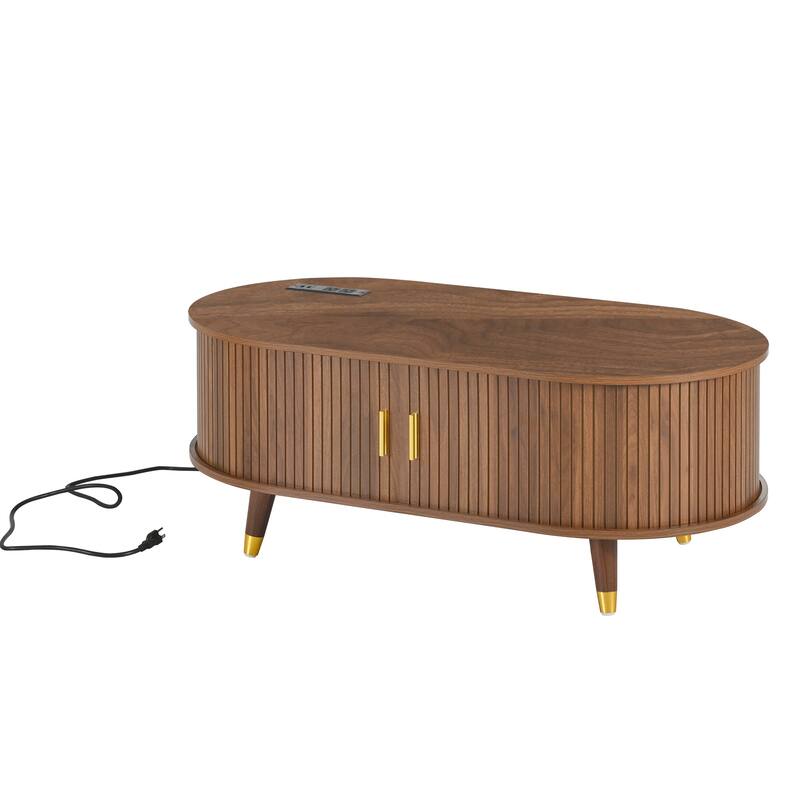 Wooden Tv Stand & Coffee Table Set With Charging Station,Sliding Doors For Tvs Up To 80",Table With Solid Wood Legs