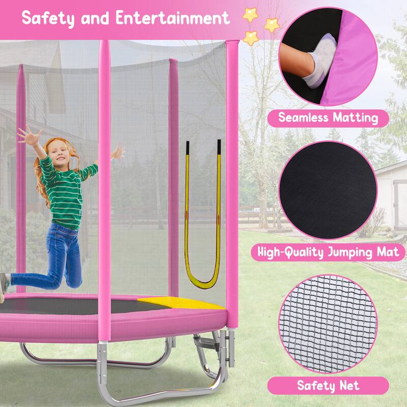 7FT Trampoline with Safety Enclosure Net, Slide and Ladder, Easy Assembly ,Regular Hexagon Outdoor Recreational Trampoline