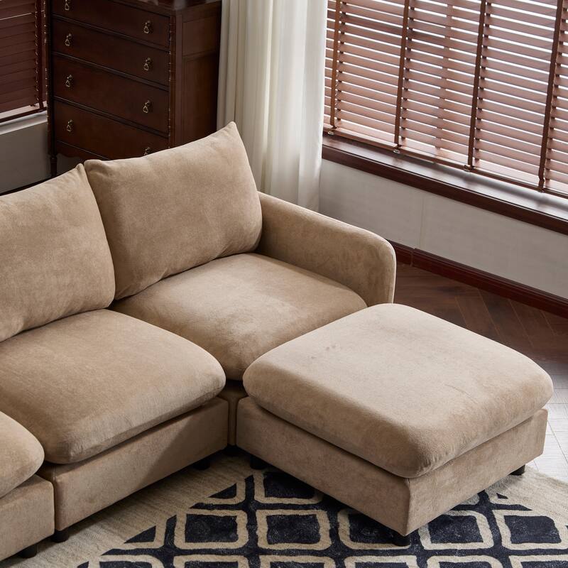 L Shaped Modular Sectional Sofa with Ottoman, Oversize Velvet Upholstered Sofa, 5 Seat Sofa with Removable Cushions