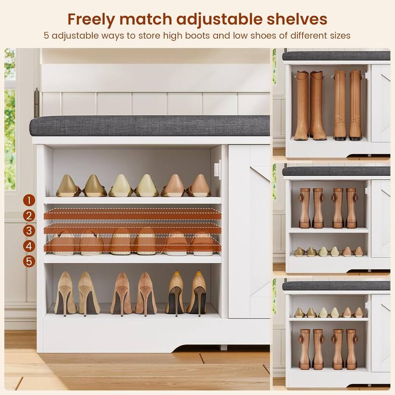 Storage Bench with Cushion Adjustable Shelf Shoe Rack Cabinet