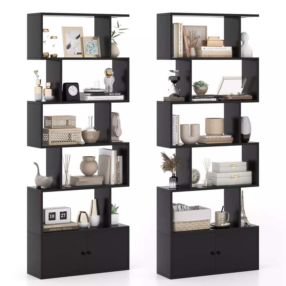 Gymax 2PCS 6-Tier Shaped Bookshelf w/ Cabinet 6-Tier Tall Bookcase w/