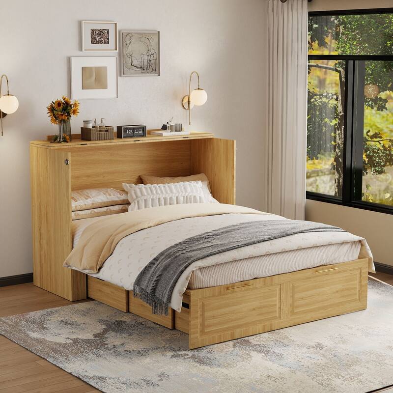 Murphy Bed Cabinet with Charging Port and Storage Drawer, White