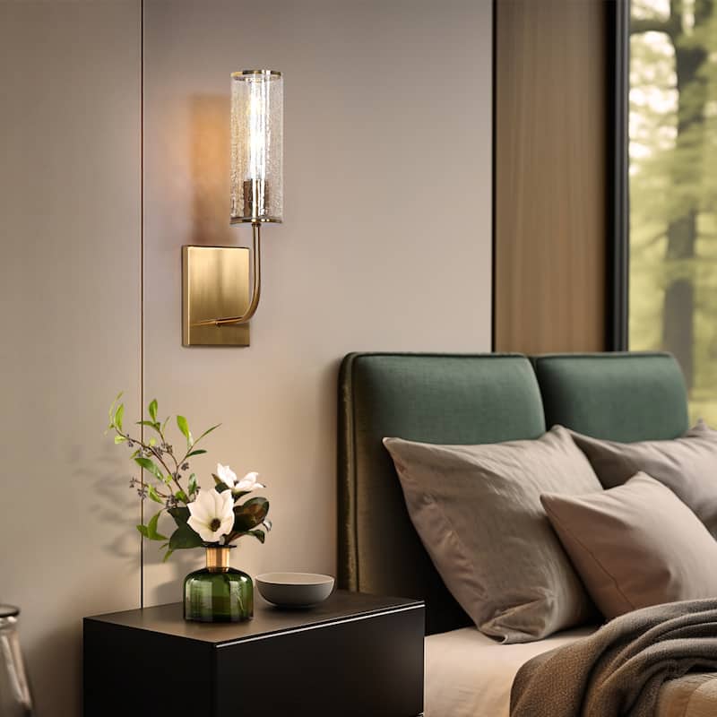 Modern Gold 1-Light Cylinder Glass Wall Sconce Bathroom Vanity Light - W 4.3" x H 16.7" x D 7.1"