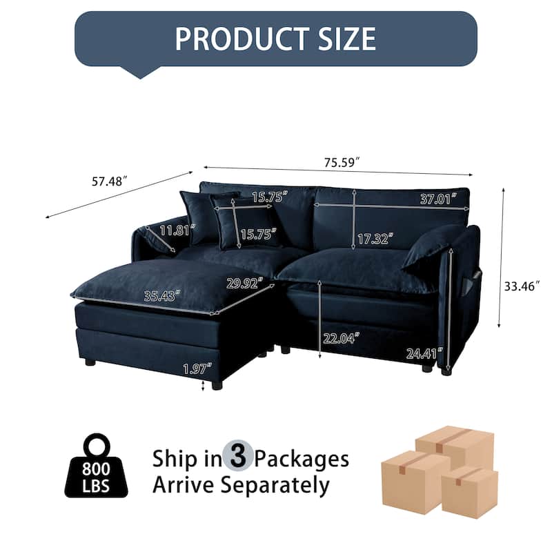 75.59" Chenille Upholstered L-Shaped Modular Sectional Sofa with Double-Layer Cushions, DIY Combination