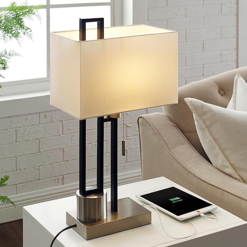 21" Matte Black/Brushed Nickel Table Lamp with USB Port and White Linen Shade， 9.5W LED Bulb Included - 21" H