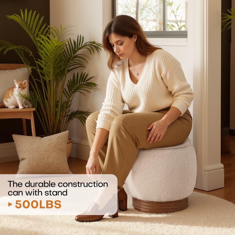 Round Storage Pouf Ottoman Footstool with Flip-top and Acacia Frame