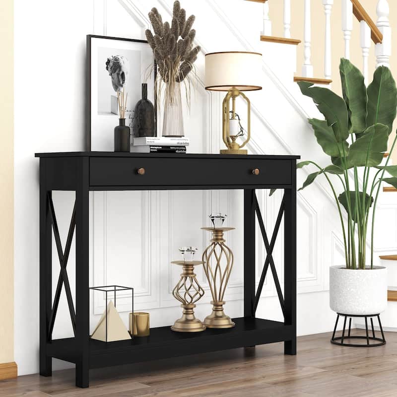 Console Table with Drawer and Storage Shelves,Foyer Entryway Sofa Table for Living Room,Hallway,Black - Black