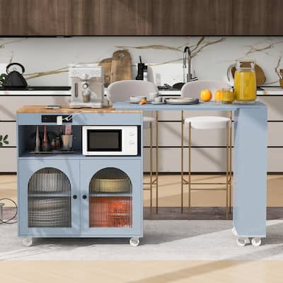 Mobile Kitchen Island on Wheels with Adjustable Dining Table, LED Lights, Power Outlets, Fluted Glass Doors & Spacious Storage