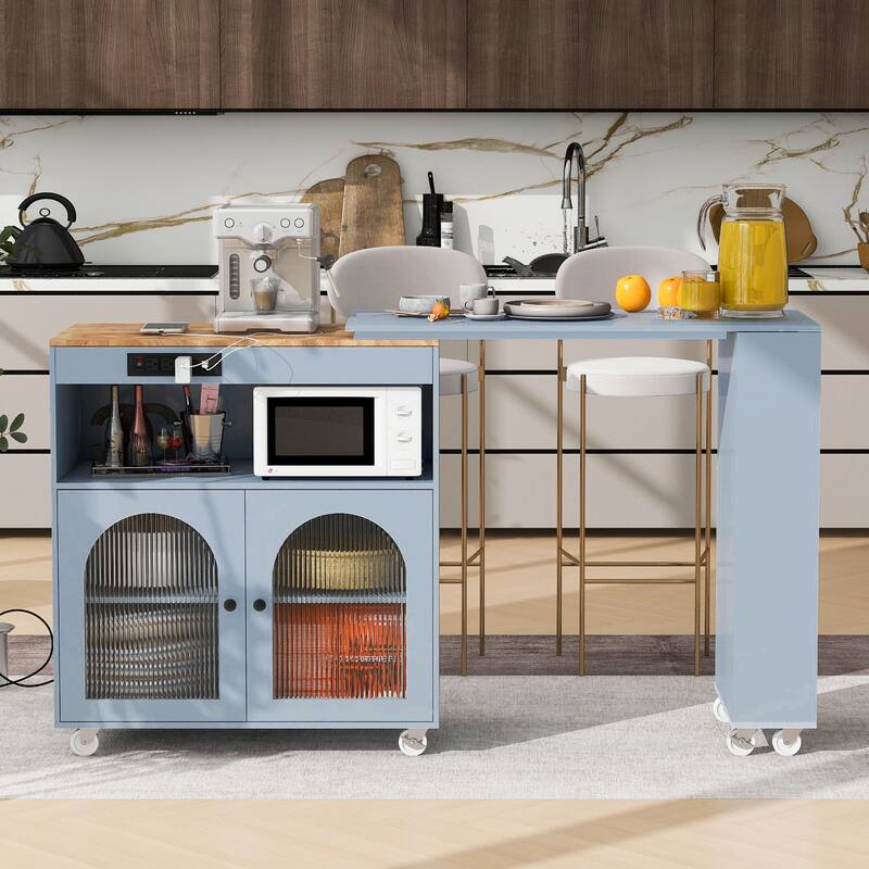 Modern Kitchen Island with Extension Table, LED Light Storage Compartments and 3 Open Shelves, for Kitchen, Gray - Blue