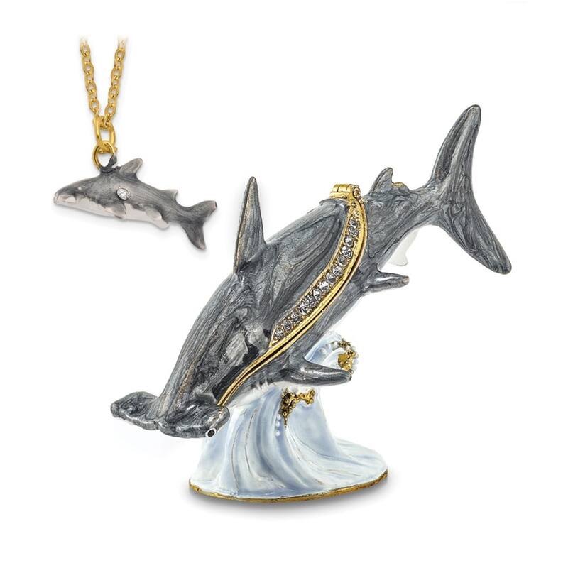 Curata Pewter Crystals Gold-Tone Enameled Clobber Hammerhead Shark Trinket Box on 18 Inch Necklace