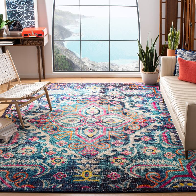 SAFAVIEH, Monaco Wava Boho Rug - 8' Square - Blue/Fuchsia