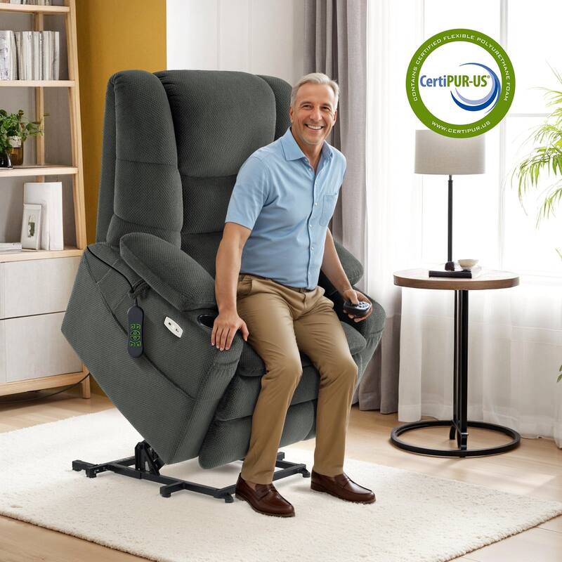 MCombo Large-Wide Dual Motor Power Lift Recliner with Massage and Dual Heating for Big and Tall Elderly, Fabric R7635 - Grey