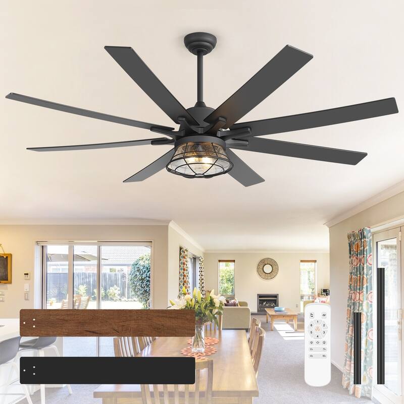 65" Industrial Seeded Glass Black Decorative Ceiling Fan with Remote and Light Kit