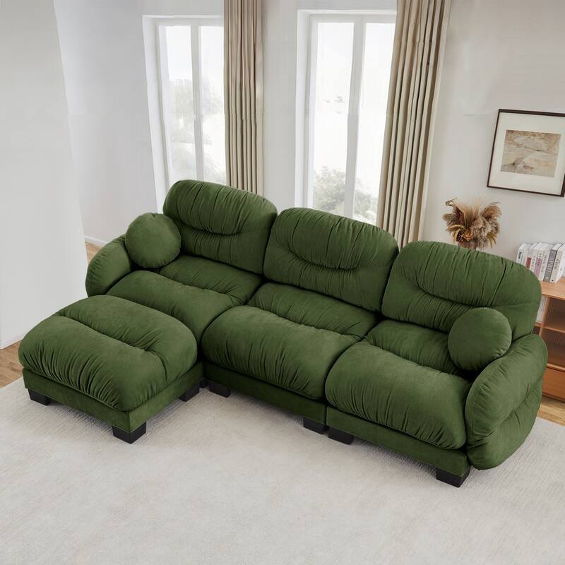 116" Chenille Pleated Design Sectional Sofa with Ottoman and 2 Round Pillows - Green