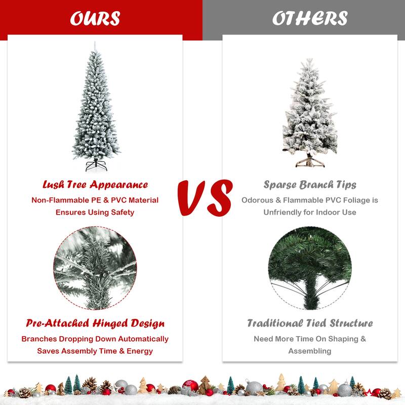 Gymax 4.5/6.5/7.5 FT Artificial Slim Christmas Tree Unlit Snow-Flocked