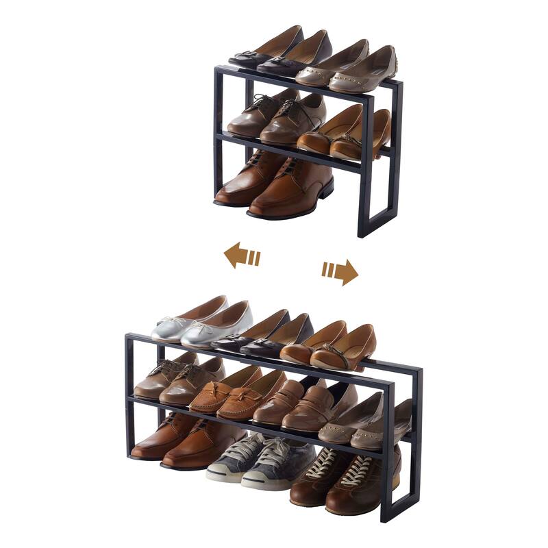 Yamazaki Home Expandable Shoe Rack - Two Sizes, Steel, Double, Holds 6 to 12 shoes, Expandable - Black