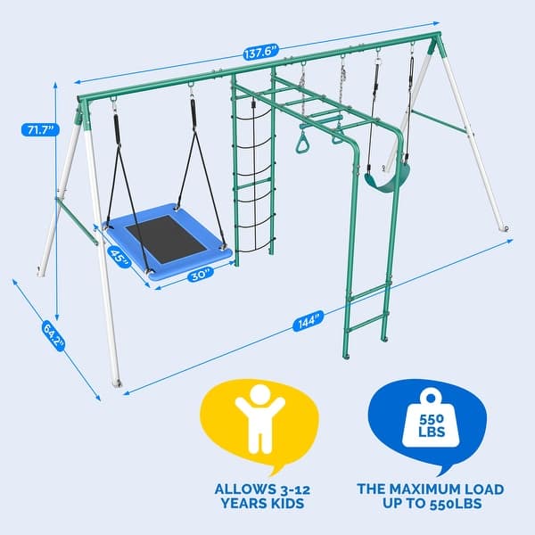 Hapfan Swing Sets for Backyard with Belt Swing, Platform Swing,Trapeze Bar,Monkey Bar,Climbing Net