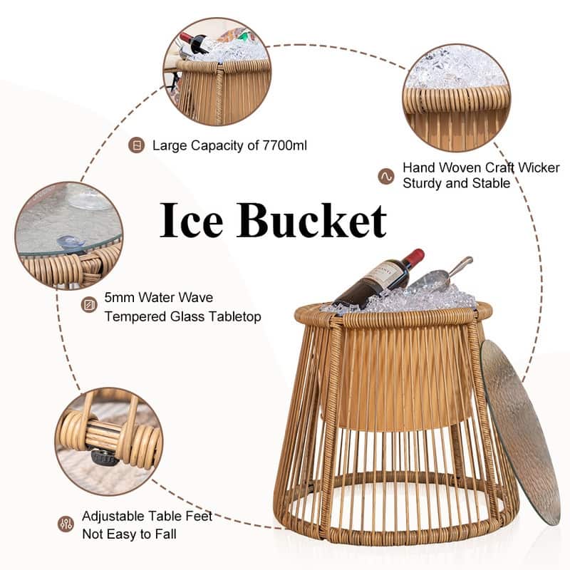 3-Piece Outdoor Boho Patio Furniture Set, L-Shaped Sectional Sofa with Ice Bucket Table, All-Weather Wicker Conversation Set