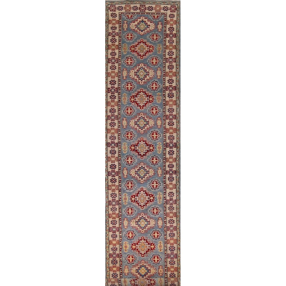 Blue Geometric Kazak Runner Rug Hand-Knotted Wool Carpet - 2'9" x 15'11"