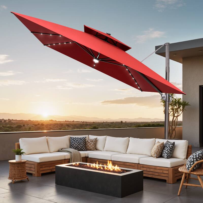 11 FT Square Outdoor Patio Cantilever Umbrella with Solar Lights Double Canopy 360 Rotation Tilt - Red