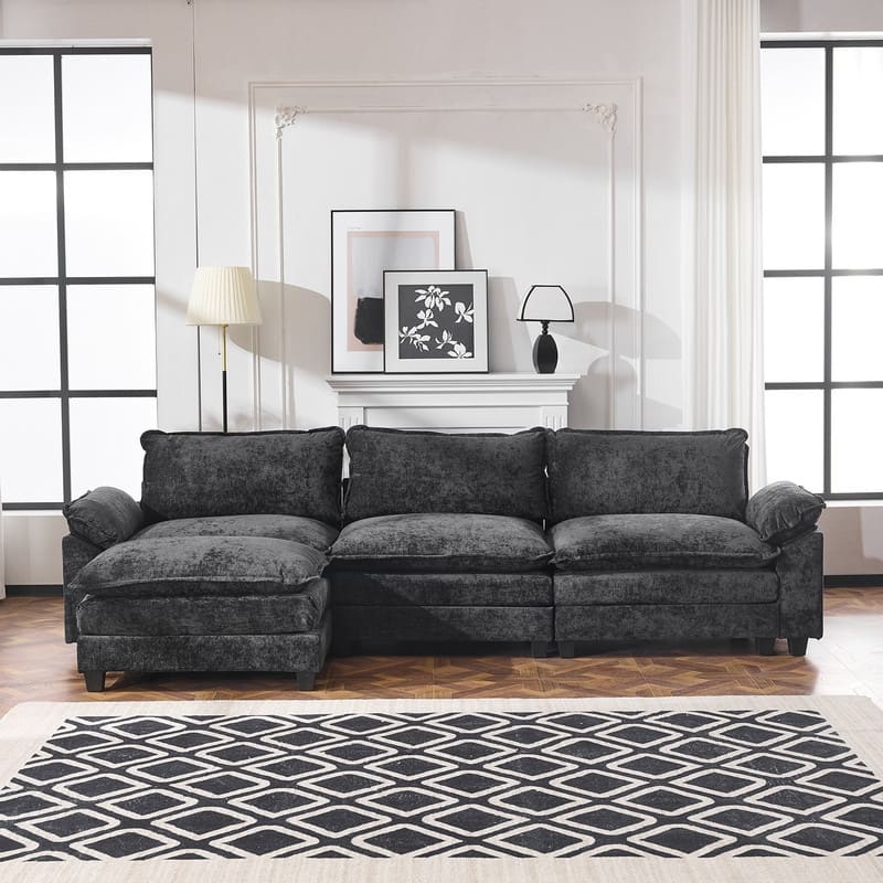Full KD Double Cushion Chenille Sofa with Ottoman - 3-Seat 1 Ottoman - Black