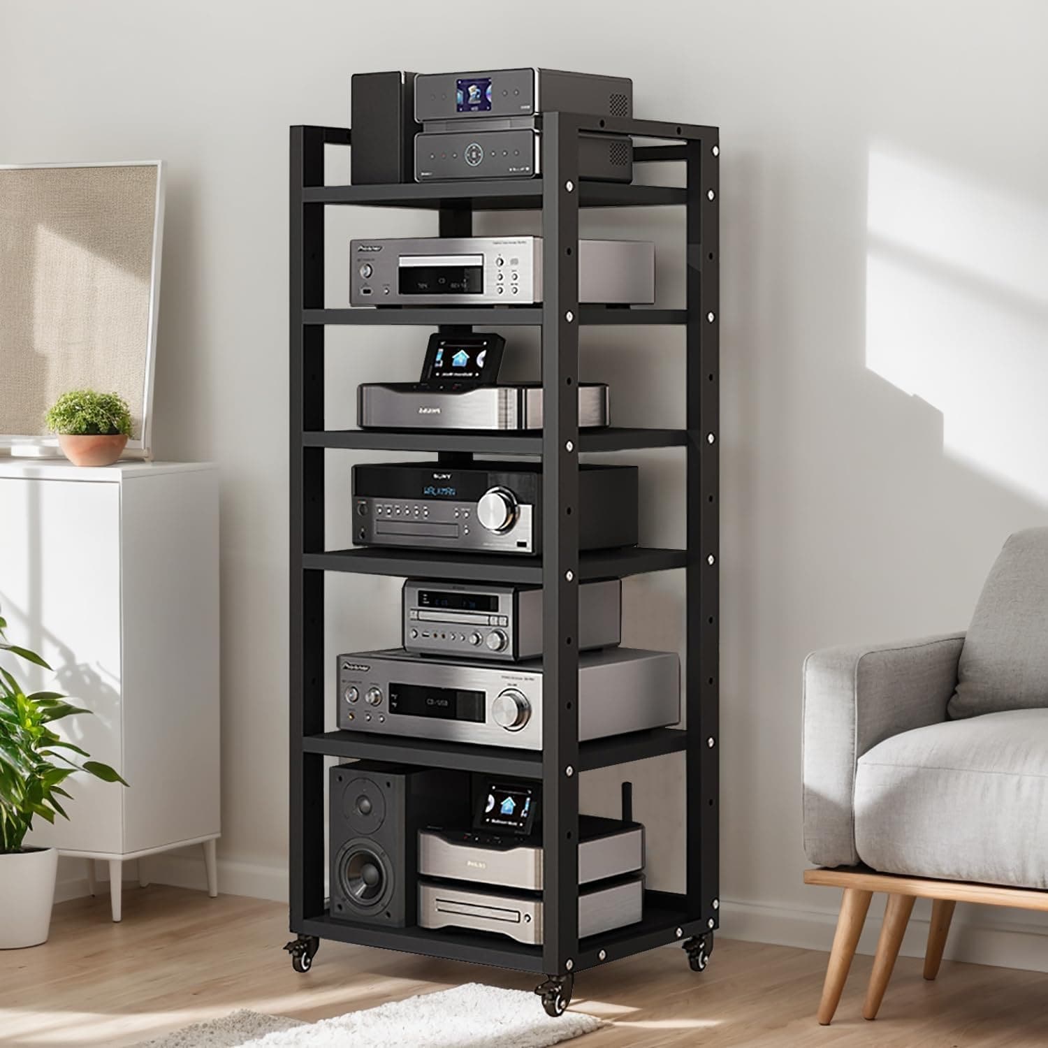 6-Tier Audio Rack Tower, Corner TV Console, AV Media Cabinet with Adjustable Shelf for Home/Office/Theater